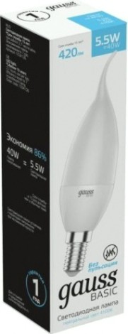 Лампа светодиодная GAUSS Свеча на ветру basic 5,5w 420lm 4100k e14 led [1034126]