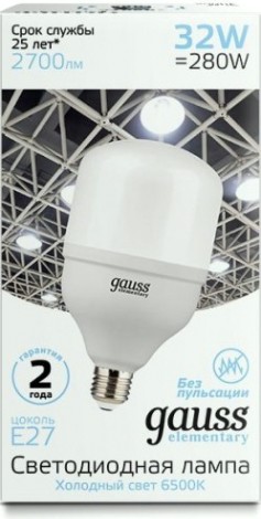 Лампа светодиодная GAUSS T100 elementary 32w 2700lm 6500k e27 led [63233]