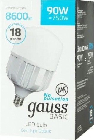 Лампа светодиодная GAUSS T100 S2 basic t160 ac180-240v 90w 8600lm 6500k e40 [11734392]