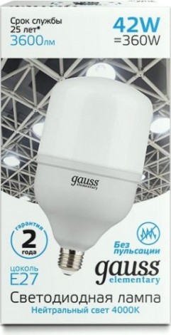 Лампа светодиодная GAUSS T120 elementary 42w 3600lm 4000k e27 led [63224]
