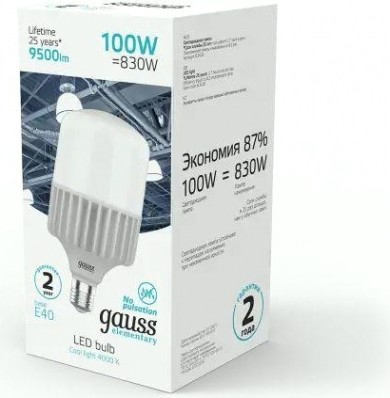 Лампа светодиодная GAUSS T160 elementary 100w 9500lm 4000k e40 led [63420]