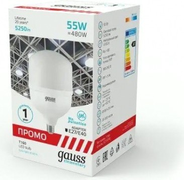 Лампа светодиодная GAUSS Т160 elementary 55w 5250lm 4100k e27/e40 promo led [60426]