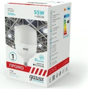 Лампа светодиодная GAUSS Т160 elementary 55w 5250lm 6500k e27/e40 promo led [60436]