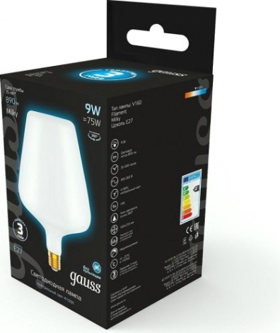 Лампа светодиодная GAUSS V160 filament 9w 890lm 4100к е27 milky led [1016802209]