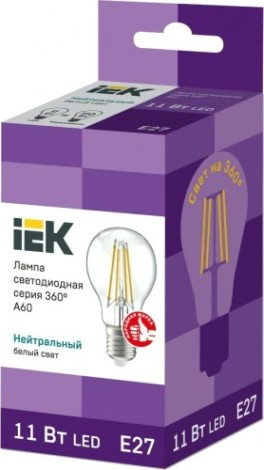 Лампа светодиодная IEK A60 шар филаментная 360° 11вт 4000к Е27 [LLF-A60-11-230-40-E27-CL]