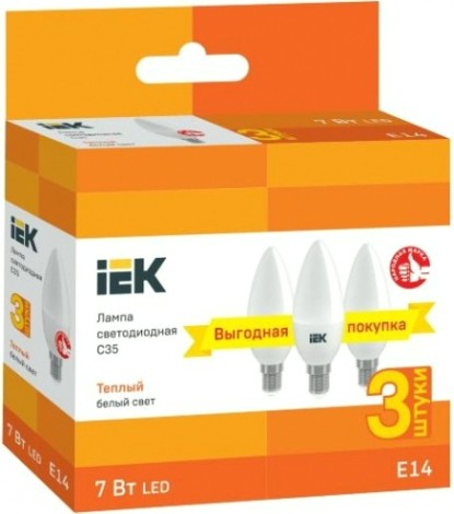 Лампа светодиодная IEK C35 7вт 3000к Е14 свеча (уп.3шт) [LLE-C35-07-230-30-E14-3]