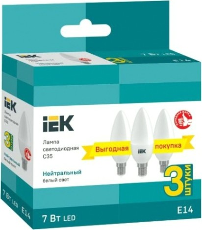 Лампа светодиодная IEK C35 7вт 4000к Е14 свеча (уп.3шт) [LLE-C35-07-230-40-E14-3]