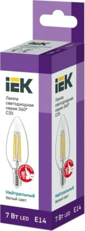 Лампа светодиодная IEK C35 филаментная 360° 7вт свеча 4000к Е14 [LLF-C35-7-230-40-E14-CL]