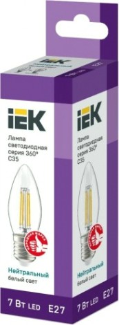 Лампа светодиодная IEK C35 филаментная 360° 7вт свеча 4000к Е27 [LLF-C35-7-230-40-E27-CL]