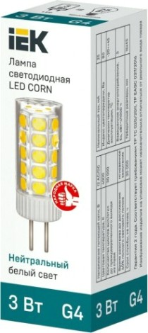 Лампа светодиодная IEK Corn 3Вт капсульная 4000к g4 керамика [LLE-CORN-3-012-40-G4]