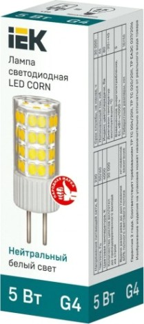 Лампа светодиодная IEK Corn 5Вт капсульная 4000к g4 керамика [LLE-CORN-5-230-40-G4]