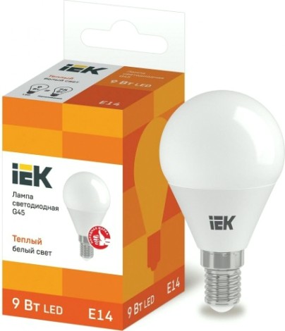 Лампа светодиодная IEK G45 9Вт 3000К Е14 Шар [LLE-G45-9-230-30-E14]