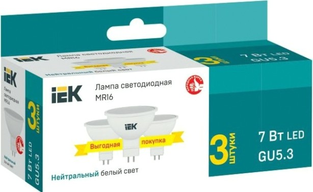 Лампа светодиодная IEK MR16 7вт софит 4000к gu5.3 230в (уп.3шт) [LLE-MR16-07-230-40-GU5-3]