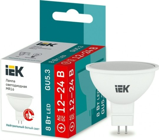Лампа светодиодная IEK MR16 8Вт 12-24В 4000К GU5,3 софит [LLE-MR16-08-12-24-40-GU5]