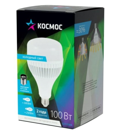 Лампа светодиодная КОСМОС HWLED 100W 220V E27 6500K переходник на E40 [LksmHWLED100WE2765]