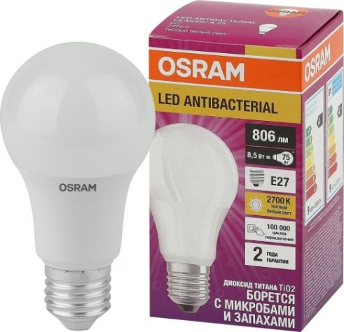 Лампа светодиодная Osram LED Antibacterial cla60 8,5w/827 230vfr e27 [4058075560994]