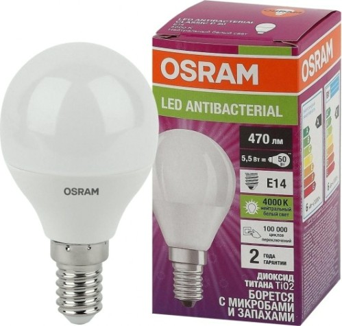 Лампа светодиодная Osram LED Antibacterial clp40 5,5w/840 230vfr e14 [4058075561618]