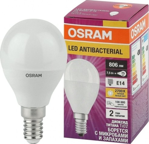 Лампа светодиодная Osram LED Antibacterial clp60 7,5w/827 230vfr e14 [4058075561298]
