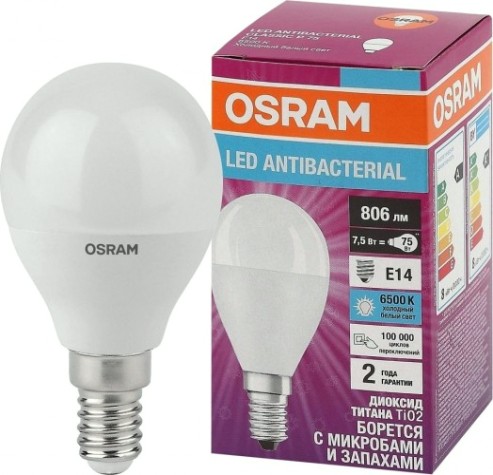 Лампа светодиодная Osram LED Antibacterial clp60 7,5w/865 230vfr e14 [4058075561694]