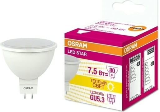 Лампа светодиодная Osram LED Star MR16 (замена 75вт) 7.5вт 3000к gu5.3 700лм [4058075229068]