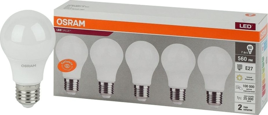 Лампа светодиодная Osram LED VALUE cla60 7sw/830 230v e27 (уп 5 шт) [4058075577626]
