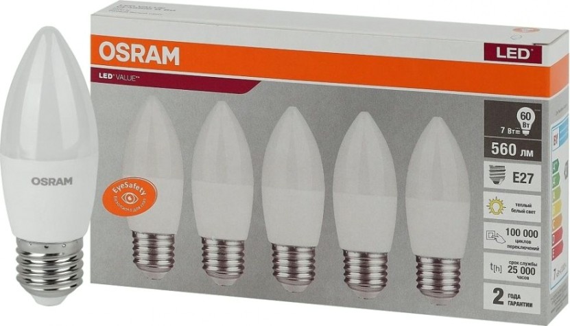 Лампа светодиодная Osram LED VALUE clb60 7sw/830 230v e27 (уп 5 шт) [4058075578012]