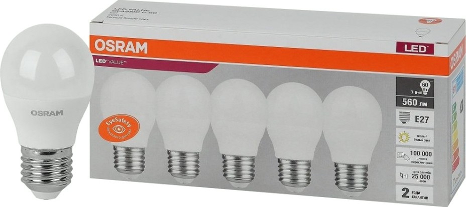 Лампа светодиодная Osram LED VALUE clp60 7sw/830 230v e27 (уп 5 шт) [4058075578197]
