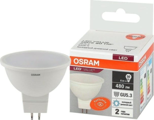 Лампа светодиодная Osram LED VALUE mr16 50 6sw/865 230v gu5.3 [4058075582668]