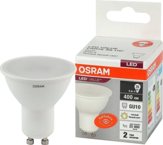 Лампа светодиодная Osram LED VALUE par16 35 5sw/830 230v gu10 [4058075581333]