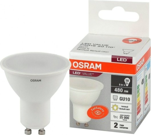 Лампа светодиодная Osram LED VALUE par16 50 6sw/830 230v gu10 [4058075581449]