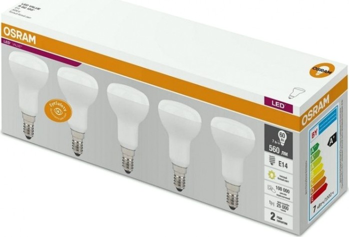 Лампа светодиодная Osram LED VALUE r60 7sw/830 230v e14 (уп 5 шт) [4058075583931]