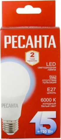 Лампа светодиодная Ресанта LL-R-A65-15W-230-6K-E27 (груша, 15вт, холод., е27) [76/1/75]
