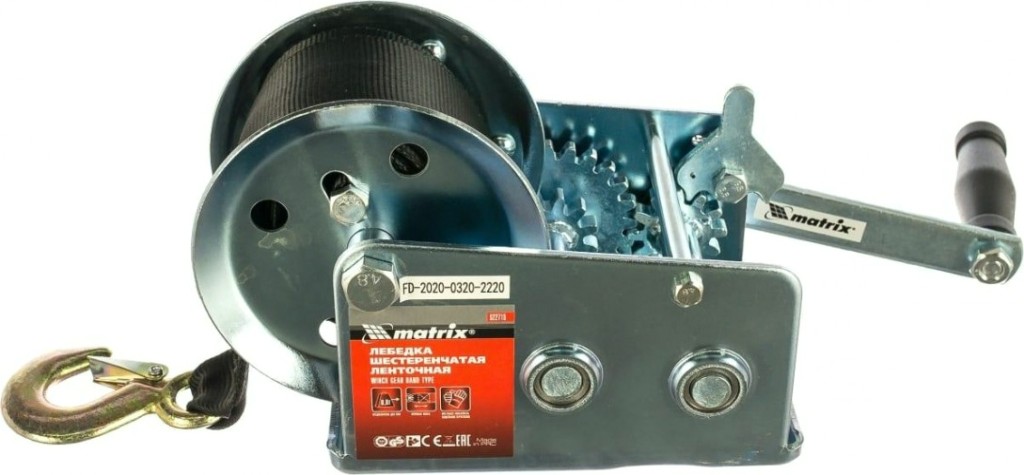 Лебедка барабанная MATRIX тяга-0,8 т шестеренчатая, ленточная [522715]