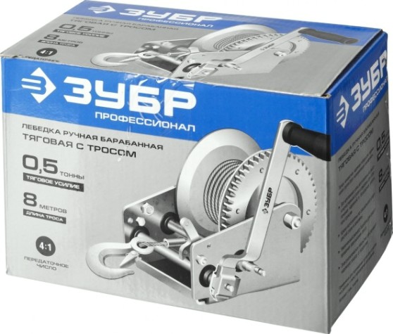 Лебедка барабанная ЗУБР Профессионал тяговая, тросовая, 0,5т, 8м [43113-0.5_z01]