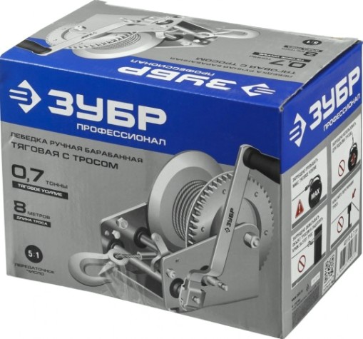 Лебедка барабанная ЗУБР Профессионал тяговая, тросовая, 0,7т, 8м [43113-0.7_z01]