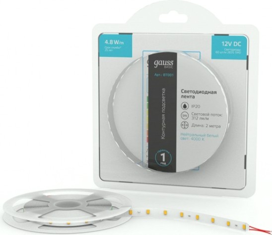 Лента светодиодная GAUSS BT001 basic 12v 4,8w/m 312lm/m 4000k ip20 led 2m Лента светодиодная GAUSS BT001 basic 12v 4,8w/m 312lm/m 4000k ip20 led 2m