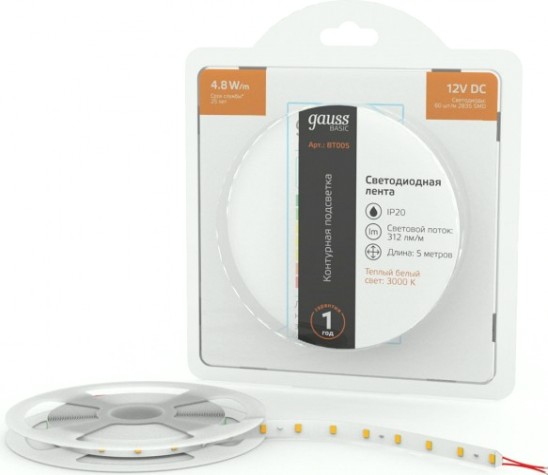 Лента светодиодная GAUSS BT005 basic 12v 4,8w/m 312lm/m 3000k ip20 led 5m