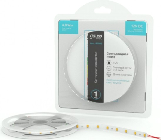 Лента светодиодная GAUSS BT006 basic 12v 4,8w/m 312lm/m 4000k ip20 led 5m