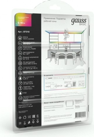 Лента светодиодная GAUSS BT010 basic в комплекте 12v 6w/m 390lm/m rgbw ip20 led 3