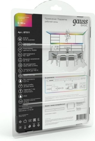 Лента светодиодная GAUSS BT011 basic в комплекте 12v 6w/m 390lm/m rgbw ip20 led 5