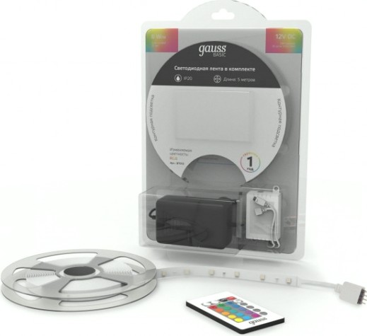 Лента светодиодная GAUSS BT012 basic в комплекте 12v 6w/m 390lm/m rgb ip20 led 5m