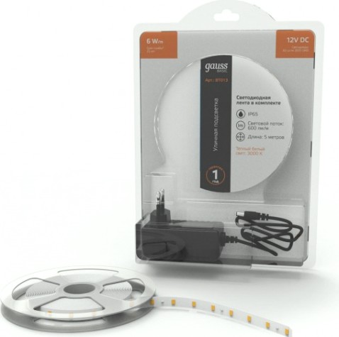 Лента светодиодная GAUSS BT013 basic в комплекте 12v 6w/m 600lm/m 3000k ip65 led
