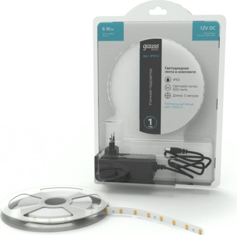 Лента светодиодная GAUSS BT014 basic в комплекте 12v 6w/m 600lm/m 4000 ip65 led 5
