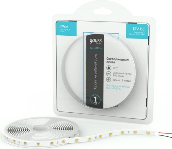 Лента светодиодная GAUSS BT021 basic 12v 8w/m 900lm/m 4000k ip20 led 2m
