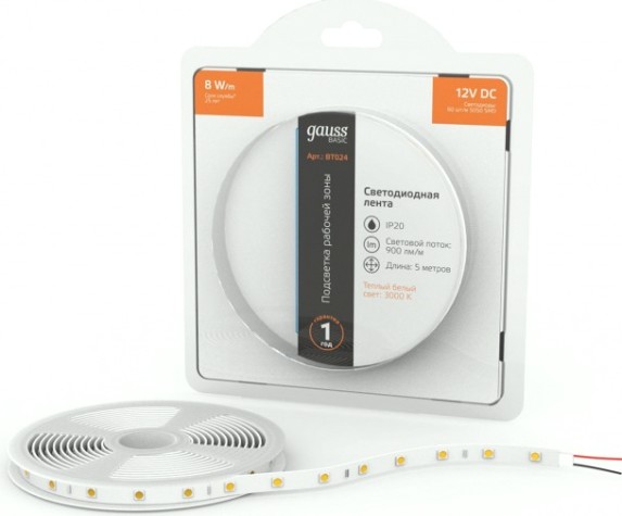 Лента светодиодная GAUSS BT024 basic 12v 8w/m 900lm/m 3000k ip20 led 5m