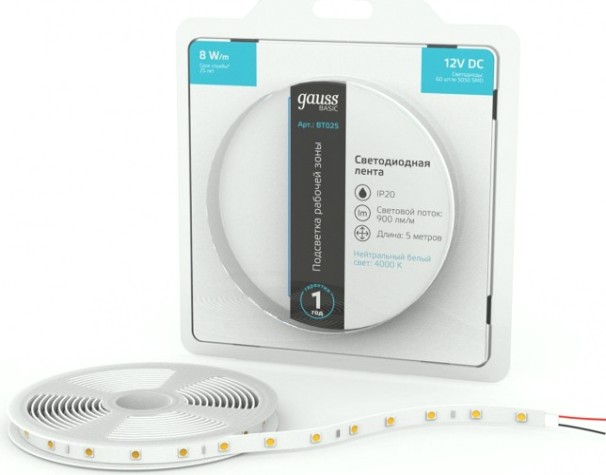 Лента светодиодная GAUSS BT025 basic 12v 8w/m 900lm/m 4000k ip20 led 5m Лента светодиодная GAUSS BT025 basic 12v 8w/m 900lm/m 4000k ip20 led 5m