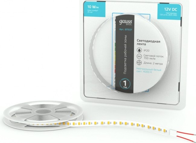 Лента светодиодная GAUSS BT037 basic 12v 10w/m 700lm/m 4000k ip20 led 2m