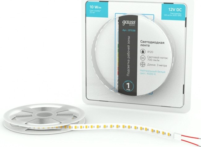 Лента светодиодная GAUSS BT038 basic 12v 10w/m 700lm/m 4000k ip20 led 3m