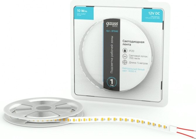 Лента светодиодная GAUSS BT040 basic 12v 10w/m 700lm/m 4000k ip20 led 5m