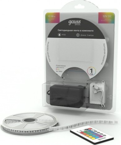 Лента светодиодная GAUSS BT041 basic в комплекте 12v 10w/m 700lm/m rgb ip20 led 3